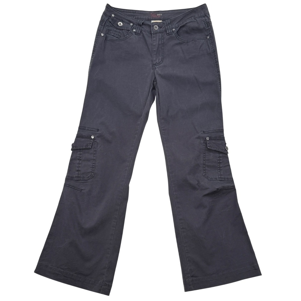 Vintage WORN Womens Cargo Flare Pants Sz 6 Grey Y2K Grunge Utility Low Rise